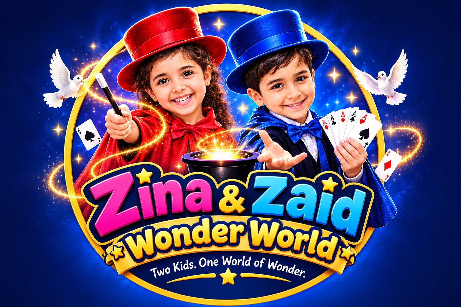 Zina in her red magician hat and Zaid in his blue magician hat